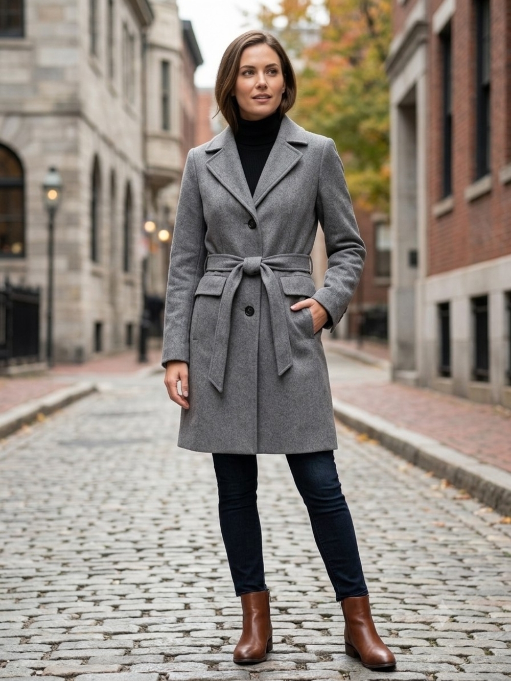 Michael Kors Grey Belted Mid-Length Wool Walker Trench Coat Buttons Size Small
